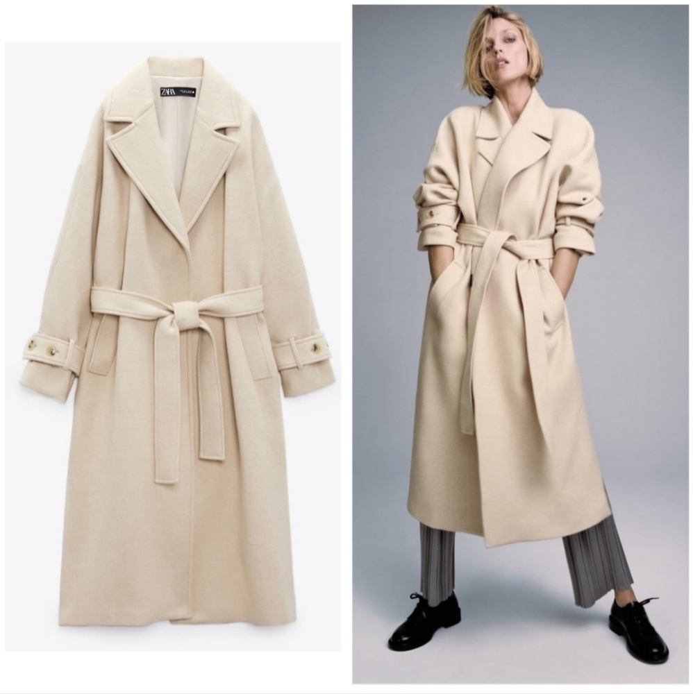 Zara Cream Wool Blend Belted long Coat Manteco Italian Fabric
